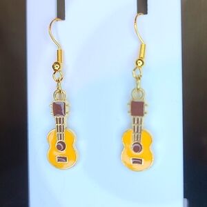 GUITAR EARRINGS dangle goldtone metal in brown, tan NWT